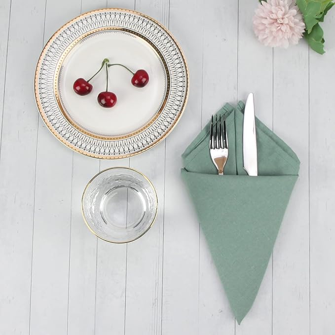 Solid Color Linen Blended Thin Dinner Cloth Napkins - Set of 12 (40 x 40 cm) - for Events & Home Use (Sage Green)