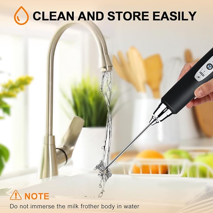 YUSWKO Black Handheld Milk Frother Wand with Stand for Coffee, Rechargeable Electric Whisk with 3 Heads 3 Speeds Drink Mixer Coffee Frother For Latte, Cappuccino, Hot Chocolate, Egg