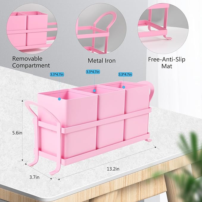 Metal Silverware Caddy,3 Compartment Utensil Holder With Metal Rack,Utensil Caddy Flatware Cutlery Organizer for Countertop Party Picnic Camping Outdoor Pink