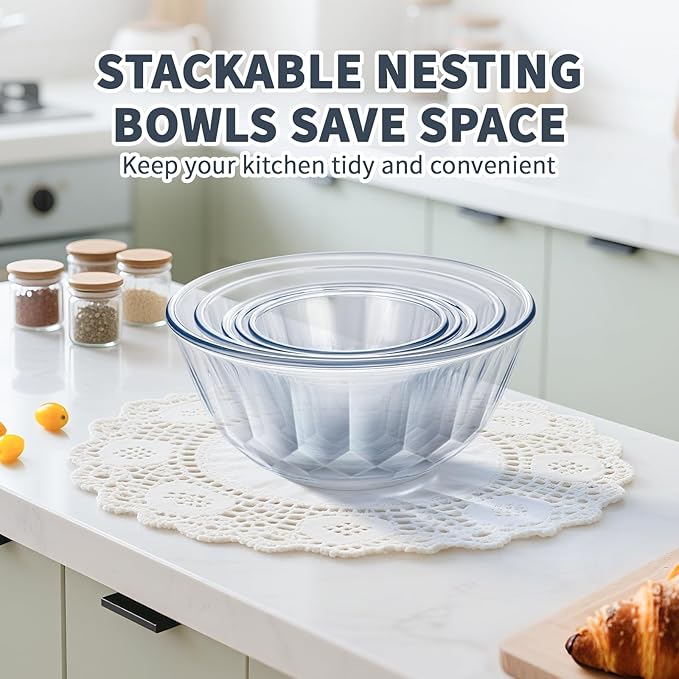 Luvan Glass Mixing Bowls with Lids Set of 5(0.85qt,1.11qt,1.69qt,2.85qt,4.7qt), Large Salad Bowl with Diamond Pattern & Grey Transparent Lids, Kitchen Clear Mixing Bowl for Serving Baking Prep Storage