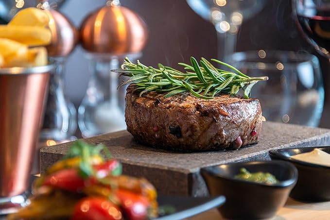 Black Rock Grill Steak, Hot Stone Grill - Sizzling Hot Rock, Indoor Grill, Cooking Stone with Matt Black Ramekins and Side Plate (One Standard Set)