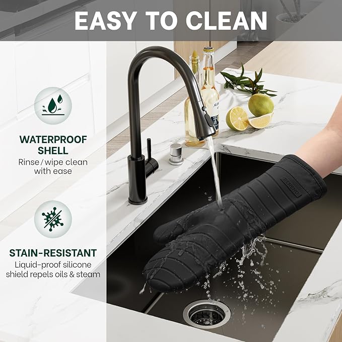 Beneno Premium Silicone Oven Mitts 2-Pack Heat Resistant 500°F, Soft Flexible Non-Slip Grips, BPA-Free & Waterproof Oven Mitts with Comfort Cotton Lining for Baking, Grilling, Cooking, 7"x13", Black