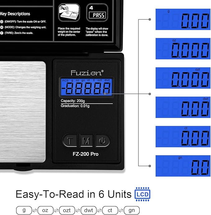 Fuzion Gram Scale, Pocket Scale .01 Gram Accuracy, 200g Small Digital Scale for Food, Jewelry, Herb, Spice, Coin - Weight Gram and Oz - 100g Calibration Weight