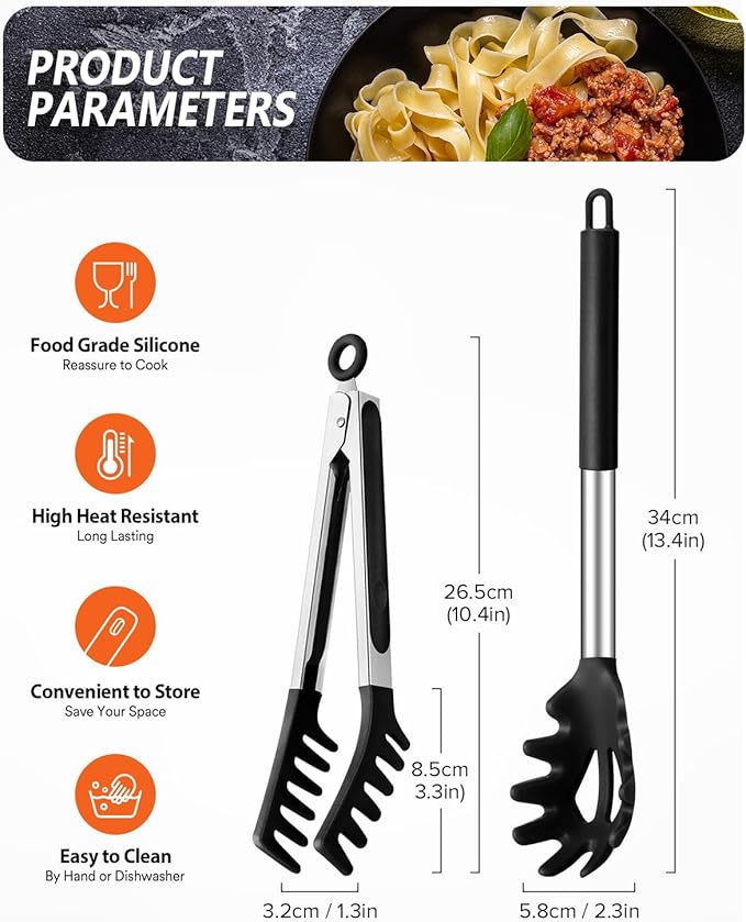 Silicone Spaghetti Spoon & Pasta Tong, Non-Stick Stainless Steel Handle Pasta Fork Set with Teeth, Food Clip for Easy Serving of Noodles (Black)