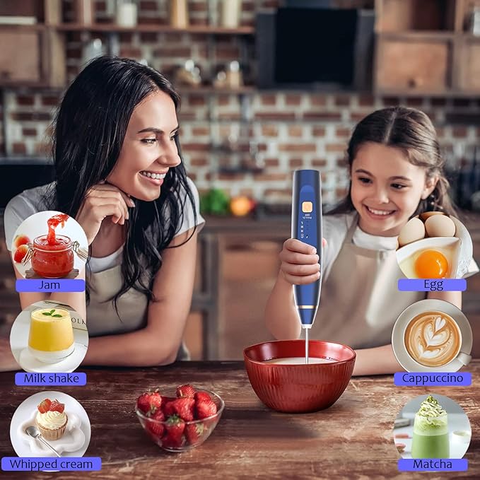 Milk Frother Handheld Foam Maker with 2 Stainless Stirring Head 3 Speed Rechargeable Electric Blender Milk Frother Wand Drink Mixer for Cappuccino Matcha Latte Hot Chocolate Protein Powder Egg (Blue)