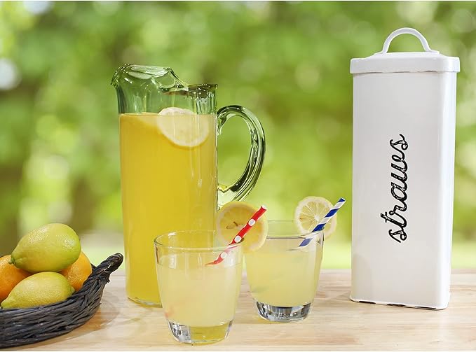 AuldHome Design Farmhouse Enamelware Straw Holder (White); Rustic Metal Straw Storage Canister