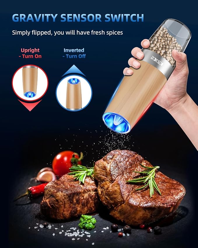 XinXu Gravity Electric Pepper Grinder, Salt or Pepper Mill & Adjustable Coarseness, with LED Light, One Hand Automatic Operation (Set/WoodGrain)