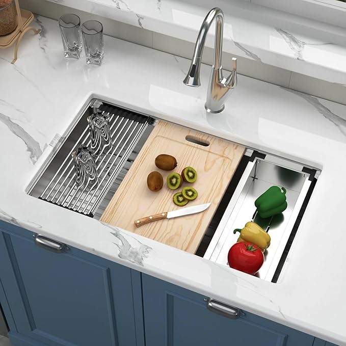 30 Inch Undermount Kitchen Sink 30x18 Workstation Undermount Sink Stainless Steel 16 Gauge Single Bowl Under Counter with Accessories