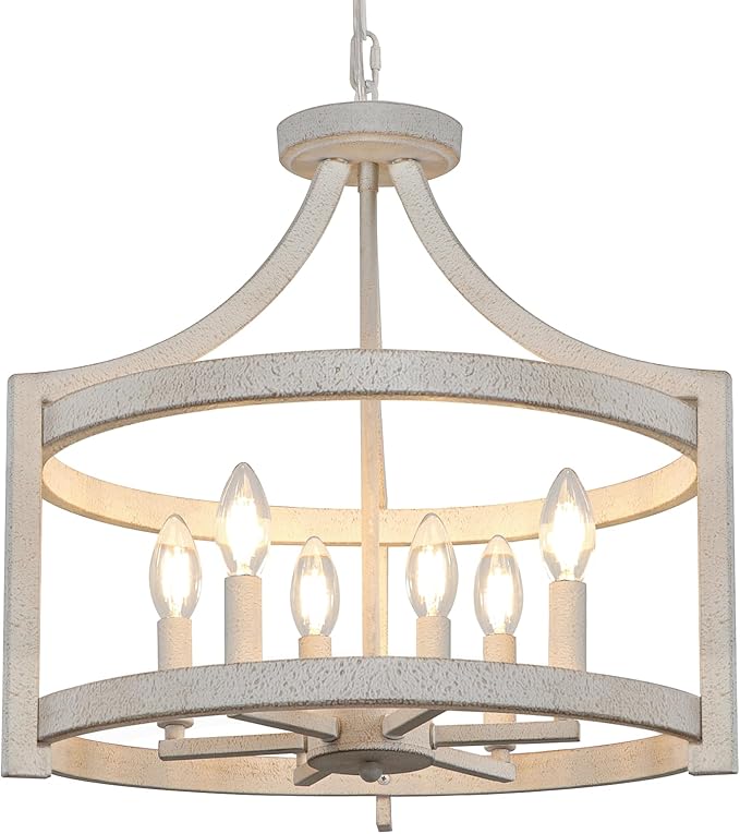 6-Light Farmhouse Chandelier, Distressed Hanging Pendant Lighting, Convertible Semi Flush Mount Ceiling Light Fixture Vintage White Metal Chandeliers for Dining Room Kitchen Foyer Entryway