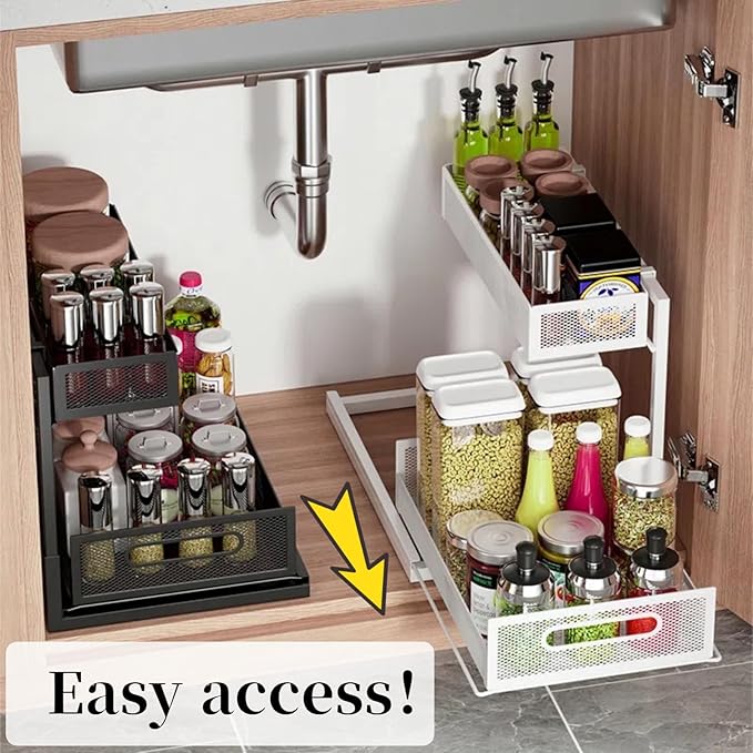 Undersink Organizers 2-Tier Under Cabinet Pull Out Storage with Sliding Out Drawers, Under the Sink Organizer for Bathroom Kitchen Durable Rack Shelf Space-Saving Organization, White 1 Pack