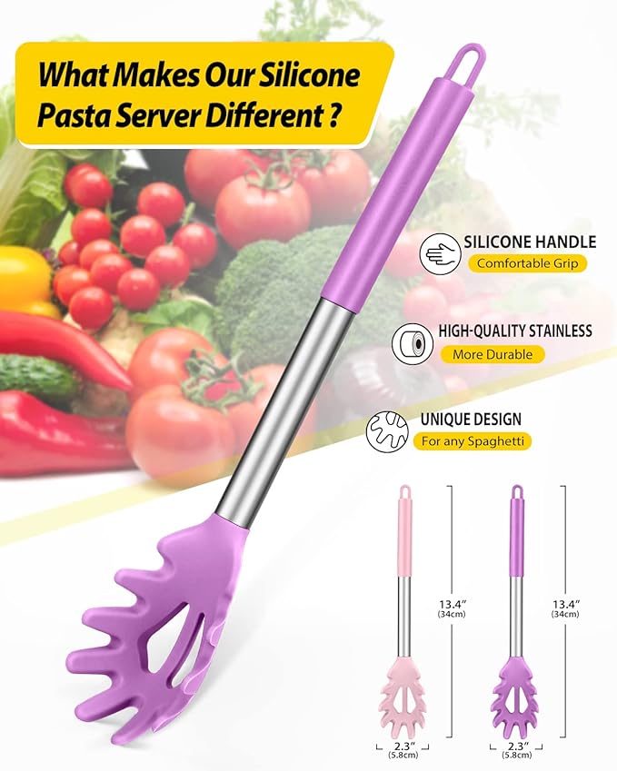 Pack of 2 Silicone Pasta Fork, Kitchen Heat Resistant Noodle Spoon Server, BPA Free Spaghetti Strainer, Best Cooking Tools (PINK-PURPLE)