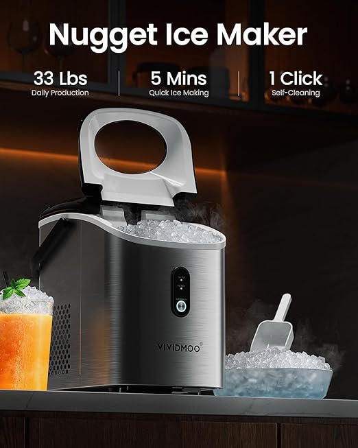 Nugget Ice Maker Countertop, 34lbs/24H Pebble Ice Machine, Self-Cleaning Sonic Ice Maker with Basket & Scoop, Compact Pellet Ice Maker for Home/Office/Kitchen/RV/Party, Stainless Steel
