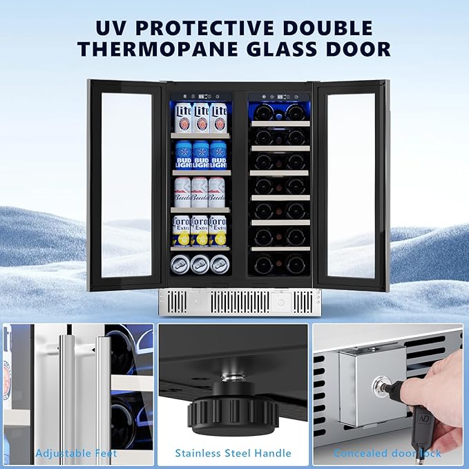 Dual Zone Wine Cooler with Glass Door, 21 Bottles and 88 Cans Wine and Beverage Refrigerator, 4.4 cu.Ft 24 Inch Built in or Under Counter Wine Fridge with LED Light, Two Door Lock