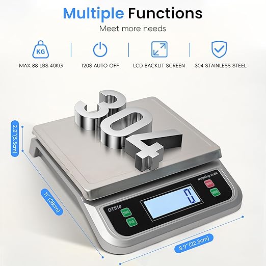 Large Kitchen Scale 40kg Food Scales for Kitchen with Tare and Pcs Funtion 88lbs Stainless Stee Tray Baking Scale for Cooking with Adapter, 6 Units(Silver, 40kg)