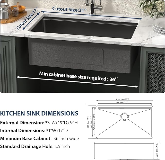 Lordear 33 Inch Black Undermount Kitchen Sink Workstation 16 Gauge Stainless Steel Single Bowl with Built-in Accessories, 33x19x9 Inch Gunmetal Black Nano-pvd