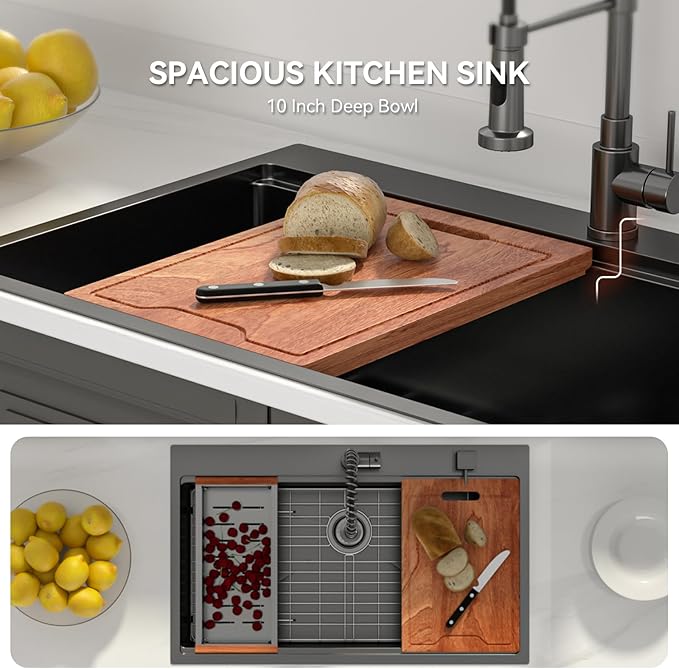 Lordear 36 Inch Black Drop In Kitchen Sink - 36x22x10 Inch Drop in Top Mount Sink 16 Gauge Stainless Steel Single Bowl Ledge Worktation Kitchen Sinks Handmade Deep Basin With Cutting Board