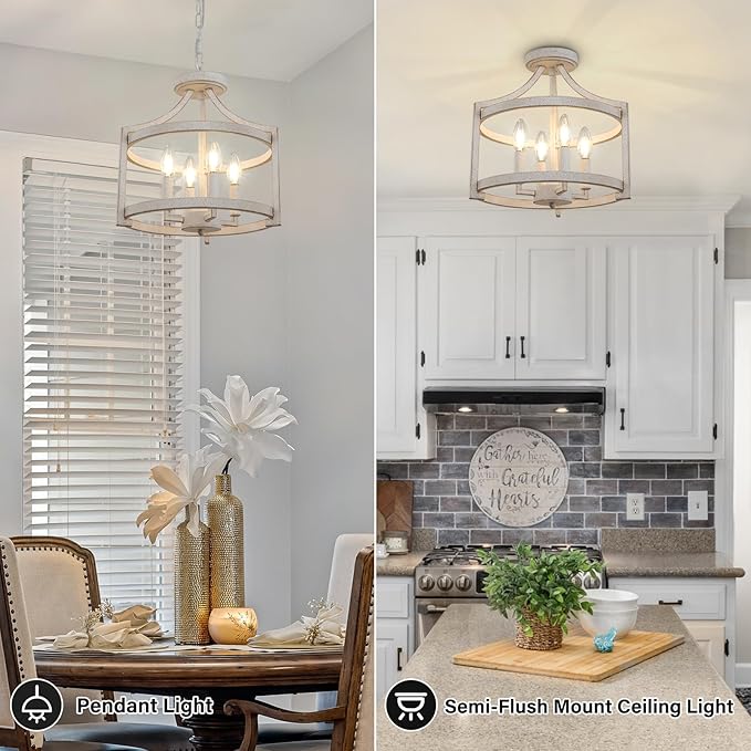 4-Light Farmhouse Chandelier, Distressed Hanging Pendant Lighting, Convertible Semi Flush Mount Ceiling Light Fixture Vintage White Metal Chandeliers for Dining Room Kitchen Foyer Entryway
