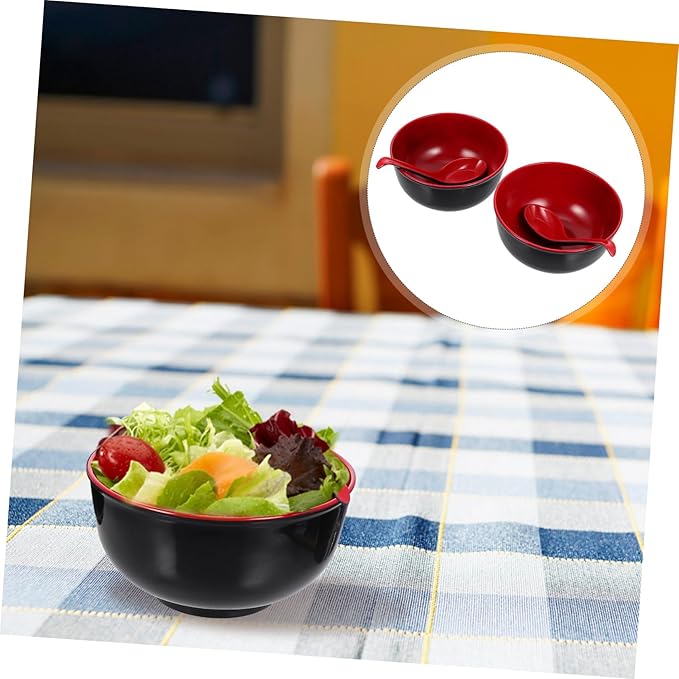 Practical Melamine Ramen Bowls with Dual-color Spoons Black and Red Sturdy Asian Soup Bowls for Rice Noodles Salad Easy to Clean for Family Meals and