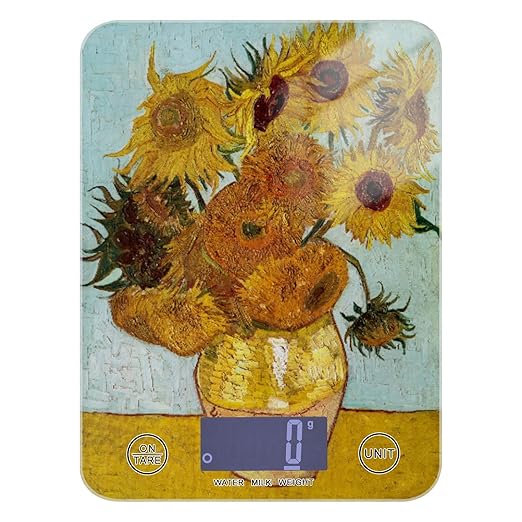 Food Scale Kitchen Digital Scale Food Ounces and Grams Dieting Baking Cooking Waterproof Glass Panels LCD Display,4 Units Scale Tare Function Vangogh Sunflower Yellow
