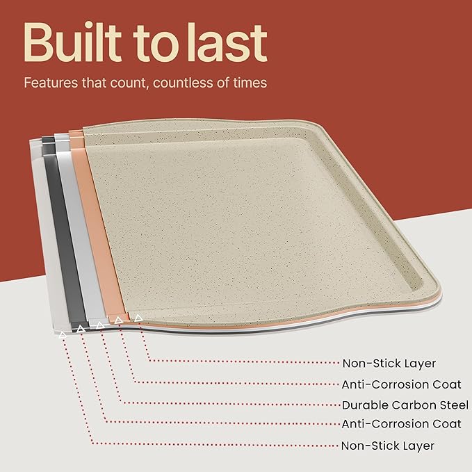 BAKKEN Cookie Sheets for Baking Nonstick Set - 3-Piece Stackable Carbon Steel Baking Sheet Pans Set with Silicone Handles, Non Toxic Cookie Sheets for Baking Bakeware Set - White Marble