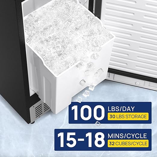 Coolake 15 Inch Commercial Under Counter Ice Maker Machine, 100lbs/Day Stainless Steel Built-in Freestanding Ice Maker with 30lbs Storage Bin, Self-Cleaning, Under Cabinet Ice Machine for Home Office