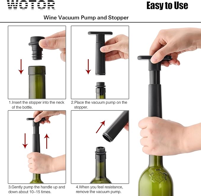 Wine Saver Vacuum Pump with 8 Stoppers, Wine Stopper & Preserver, Reusable Bottle Sealer Keeps Fresh, Ideal Accessories Gift (Flat Handle)