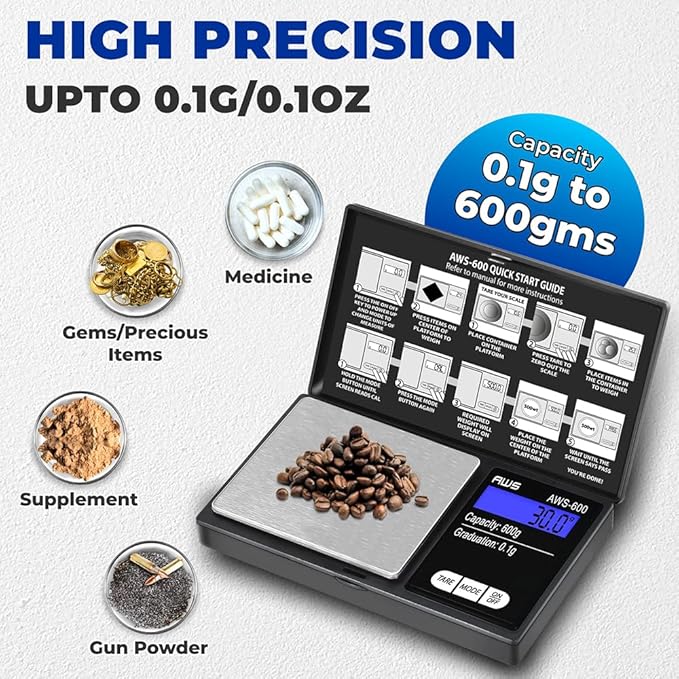 American Weigh Scales Digital Pocket Scale 600g x 0.1g with LCD Display Gram, Ounce, Carat, Grain for Coins, Jewellery, Gemstones, Metals, Kitchen, Food & Medicines – Black