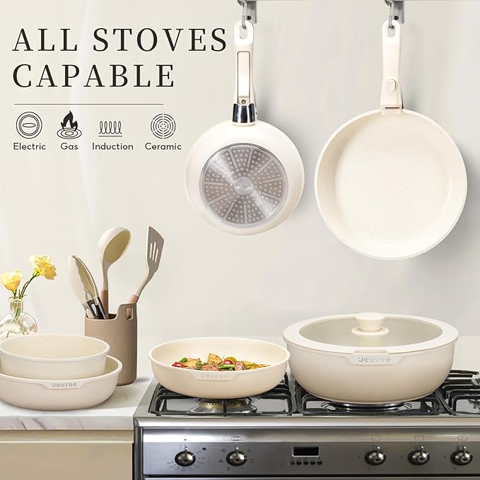 JEETEE Nonstick Pots and Pans Set with Removable/Detackable Handle (Beige, 19 pcs)