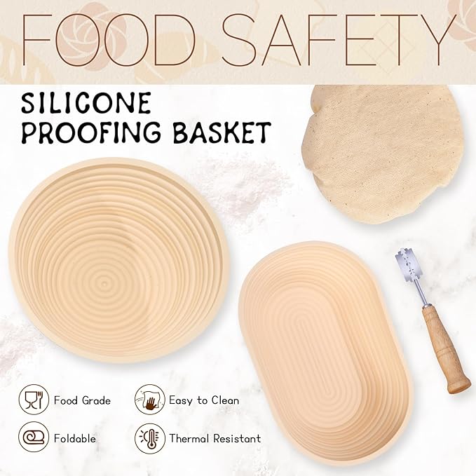 Sourdough Bread Baking Supplies and Starter Kit (2 Silicone Banneton Bread Proofing Baskets and a jar)