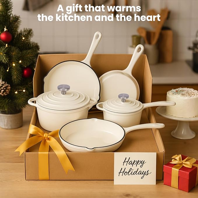 QuliMetal Enameled Cast Iron Cookware Set, 5 Pcs Pots and Pans with Lid, Skillet, Frying Pan, Saucepan & Dutch Oven for All Stovetops, PFA Free - Ideal for Sourdough Bread Baking