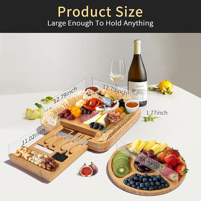 YZS Bamboo Charcuterie Boards Set -Unique Cheese Board with Accessories - Perfect for Housewarming, Weddings, Bridal Showers, Birthday Gifts, Mother's Day Gift, Parties, Eco-Friendly & Elegant Design
