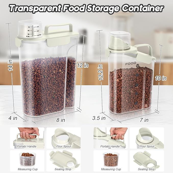 Dog Food Storage Container, Upgraded Large Nozzle BPA-free, 3-5 LBS Plastic Pet Food Storage Containers, With 4 Sealed Clasps, 1 Measuring Cup and Handle (Beige-A)