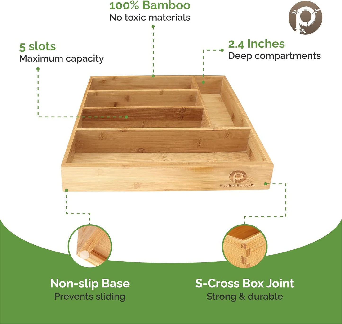 Silverware Organizer - Small Extra-Deep Wooden Kitchen Drawer Organizer Divider for Spoons, Forks, Knives & Cutleries - 5 Slots