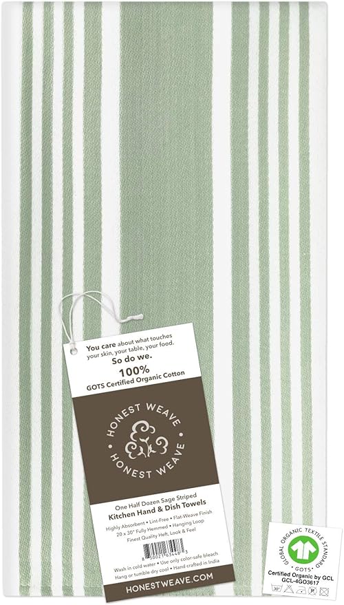 GOTS Certified Organic Cotton Kitchen Hand and Dish Towel Sets - Oversized 20x30 inches, Fully Hemmed, in Designer Colors, 6-Pack, Sage Stripe
