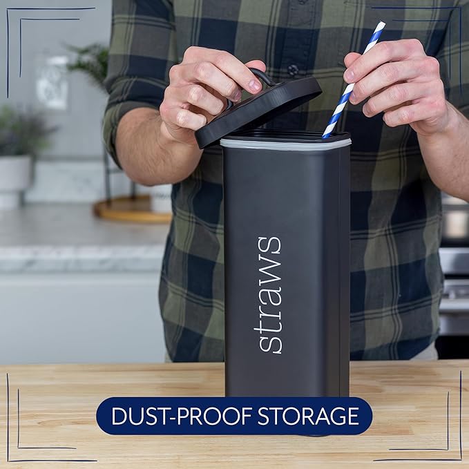 AuldHome Design Farmhouse Enamelware Straw Holder (Black); Retro Metal Straw Storage Canister