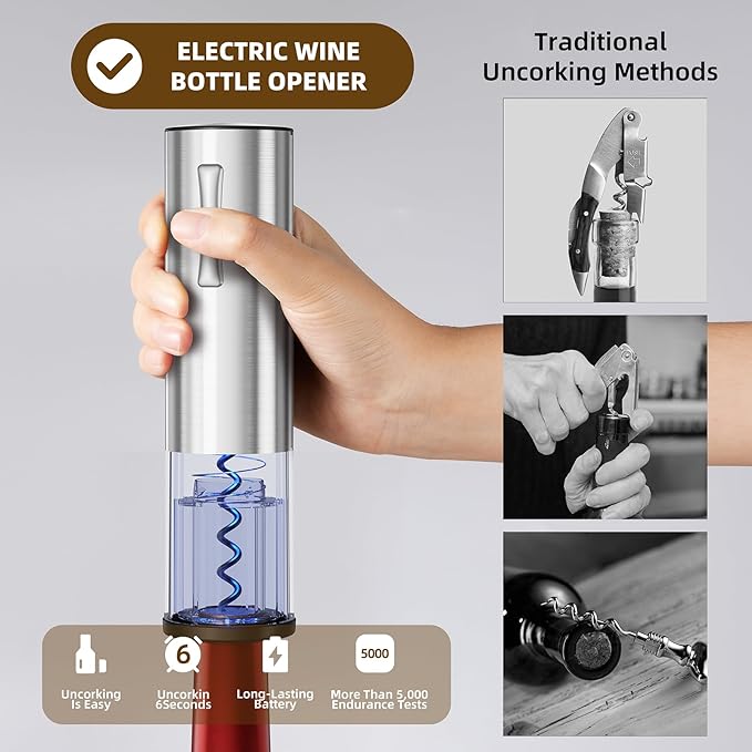 Rechargeable Electric Wine Opener Set, 4-in-1 Gift for Wine Lovers with Automatic Corkscrew, Aerator Pourer, Vacuum Stoppers & Foil Cutter, Ideal for Home Bar, Gifts for Women/Men