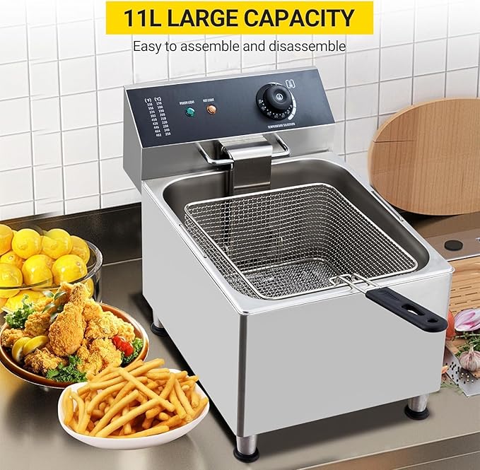 Commercial-Grade 11L/3.3Gal Deep Fryer | 1700W High Power & 201 Stainless Steel | Adjustable Thermostat, Reinforced 6LB Basket & Splash Guard for Food Trucks, Restaurants, Home Kitchens