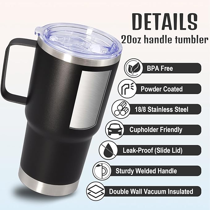 20 oz Tumbler with Handle and Lid, Stainless Steel Tumbler Insulated Travel Coffee Mug, Spill Proof Double Wall Vacuum Tumbler Cup Keep Drink Hot & Cold, Black, 6 Pack