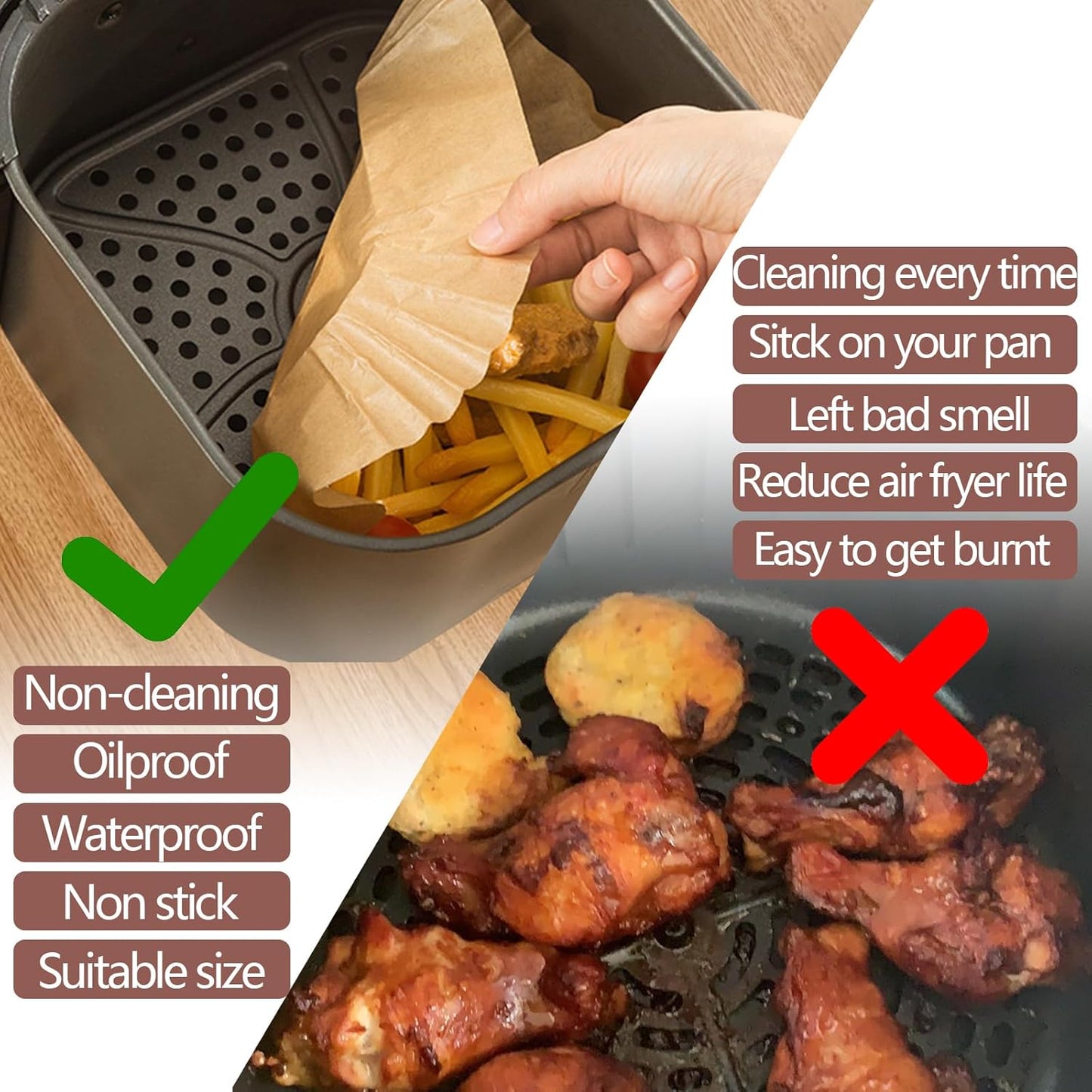 UBeesize 10 Inch Air Fryer Paper Liners,100 PCS Parchment Paper, Air Fryer Disposable Paper Liner for Microwave, Non-Stick Air Fryer Liners Square Free of Bleach（Bottom size 9 Inch）