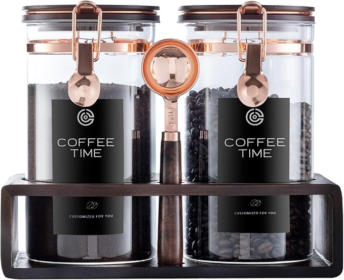 Glass Coffee Canister Set with Shelf and Spoon, Set of 2 Coffee Containers for Storing Ground Coffee Beans, Sealed, Coffee Bar Coffee Filter Holder