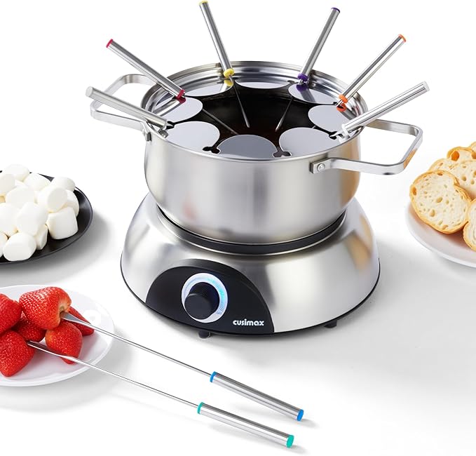 CUSIMAX Electric Fondue Set, 1500W Electric Fondue Pot with Luminated Control Dial, 8 Colour Coded Stainless Steel Forks, For Chocolate, Cheese, Broth, Oil, Stainless Steel Fondue Maker, 1.4 Quart