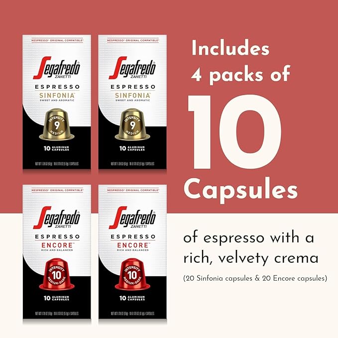 Segafredo Zanetti Espresso Capsules – Aluminum Pods for Nespresso Original Machines – Sinfonia & Encore Variety Premium Espresso – Medium & Medium-Dark Roast – Sinfonia & Encore, 10 Count (Pack of 4)