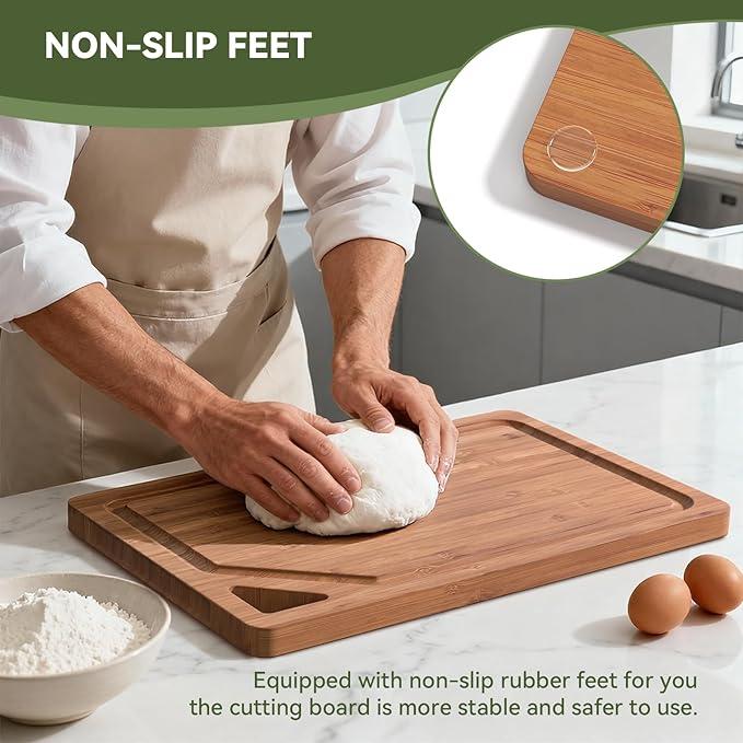 Bamboo Cutting Boards for Kitchen, [Set of 3] Wood Cutting Boards with Deep Juice Grooves, Built-in Handles & Holder, Charcuterie board & Chopping board for Meat, Vegetables and Fruits,Brown