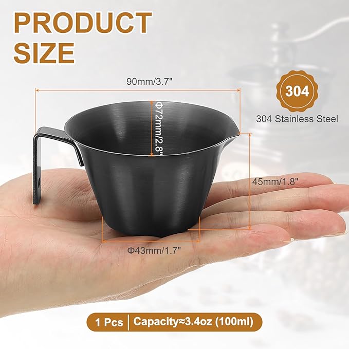 uxcell 1 Pcs Stainless Steel Espresso Cup with Handle, V-Shaped Mouth Espresso Measuring Cup with Scale for Preparing Coffee, Cocktails, 3.4OZ/100ML (Black)