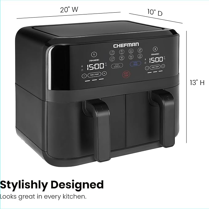 Chefman TurboFry Touch Dual Air Fryer, Maximize The Healthiest Meals With Double Basket Capacity, One-Touch Digital Controls And Shake Reminder For The Perfect Crispy And Low-Calorie Finish