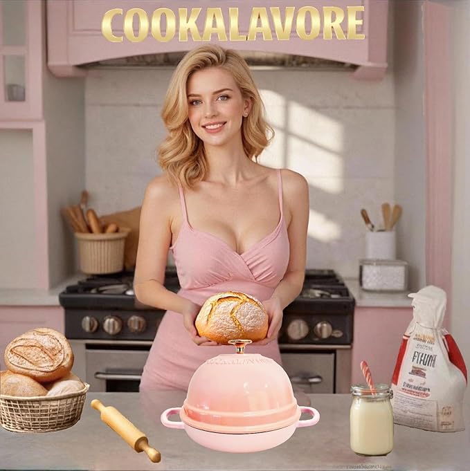 Dutch Oven for Bread Baking,6 Quart Enamel Bread Oven for Sourdough,10.5"Bread Oven with Lid,Bread Pans for Homemade Bread,Pink Thick Enamel Bread Pan-with Silicone Baking Mat&Recipe,Gifts for Family