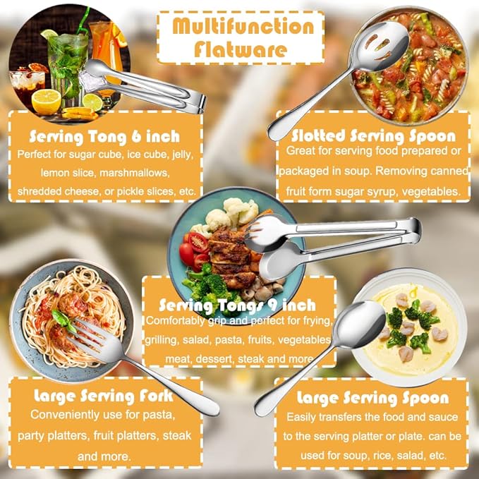 10 PCS Stainless Steel Serving Utensils, Large Serving Spoons Slotted Spoons, Serving Forks, Serving Tongs, Ice Suger Tongs, Metal Utensils Set Great for Buffet Catering Banquet Party (silver)