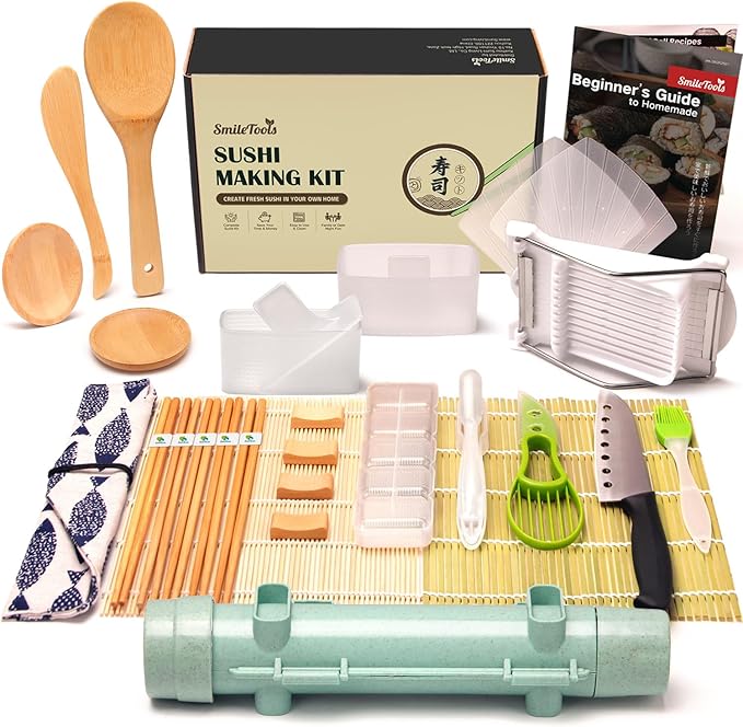 Sushi Making Kit & Musubi Maker Kit - for Beginners & Pros with Sushi Roller Bazooka, 2 Bamboo Mats, 2 Musubi Press Molds and Spam Slicer