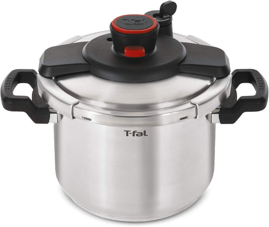 T-fal Clipso Stainless Steel Pressure Cooker 8 Quart, Induction Compatible, Secure locking System, One Hand System, Fast Cooking, Recipe Book Included, Cookware, Pots and Pans, Dishwasher Safe, Silver