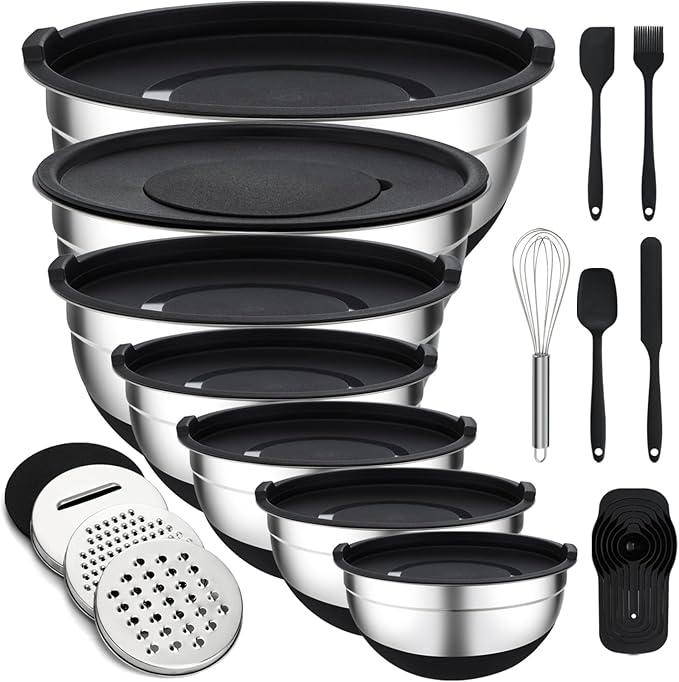 Unokit Mixing Bowls with Lids Set - 7 Pcs Stainless Steel Mixing Bowls with 3 Grater Attachments, Non-Slip Silicone Base Mixing Bowl Set for Kitchen